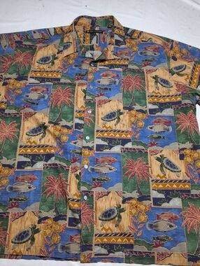 Tori Richard Shirt Mens 2XL Multi Color Cotton Lawn Sea Turtle Fish Patchwork